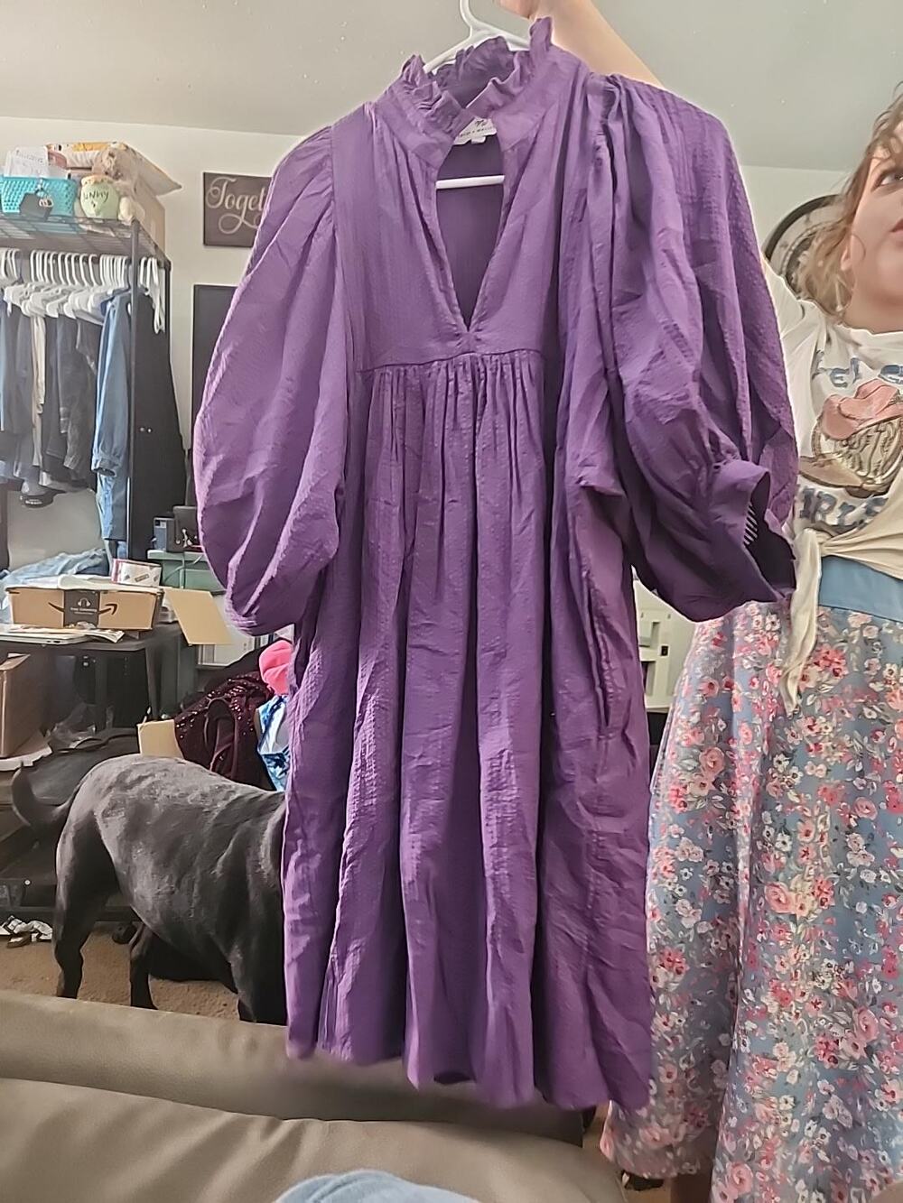 Never A Wallflower High Neck Dress Medium Purple Puff Sleeve Cotton MSRP $288